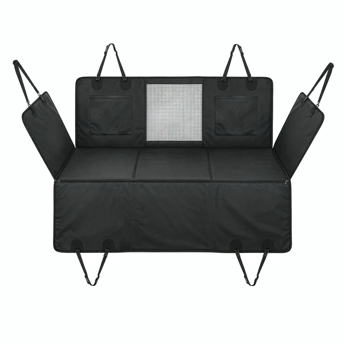 Black waterproof dog car hammock with supportive hard bottom — material detail