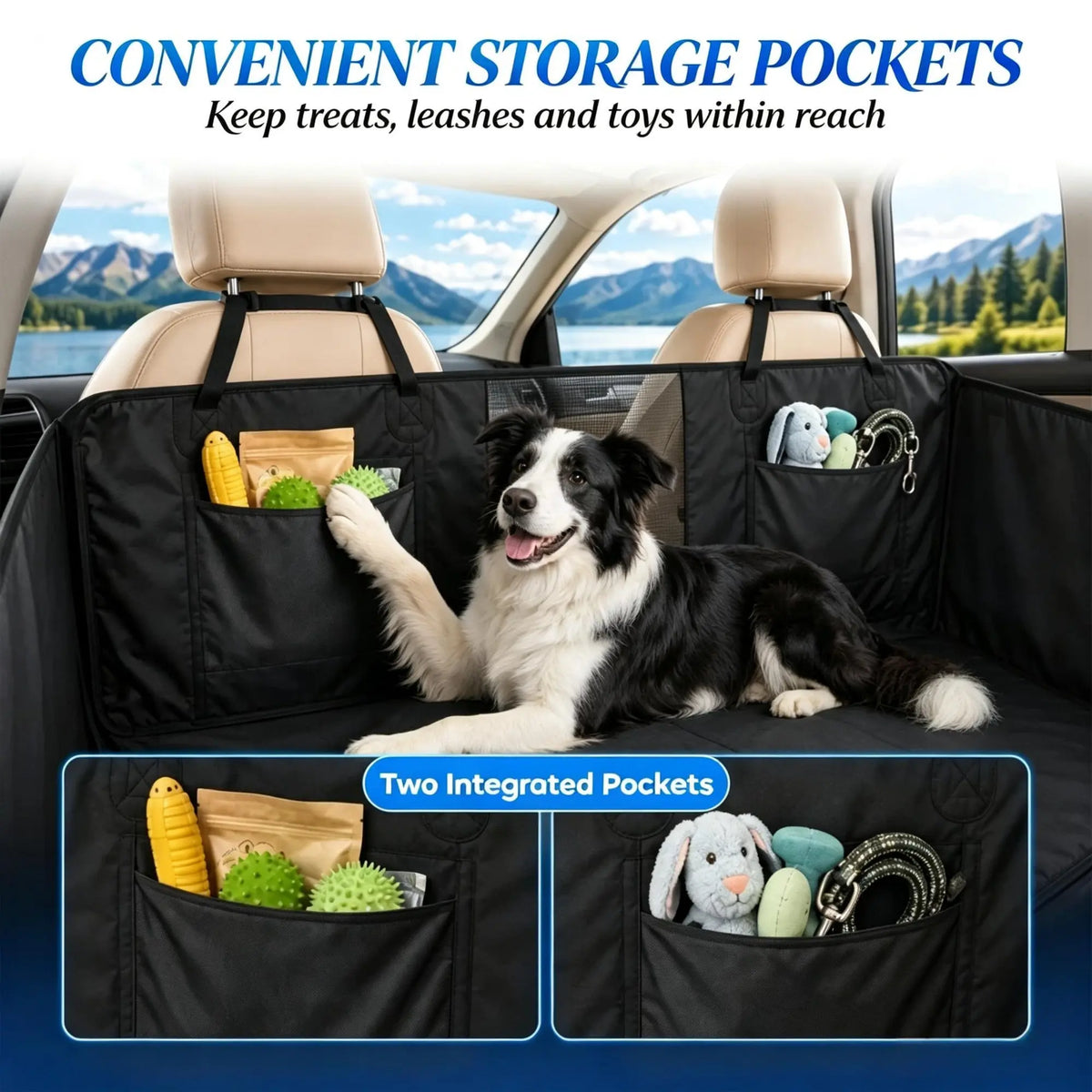 Black waterproof dog car hammock with supportive hard bottom — construction detail