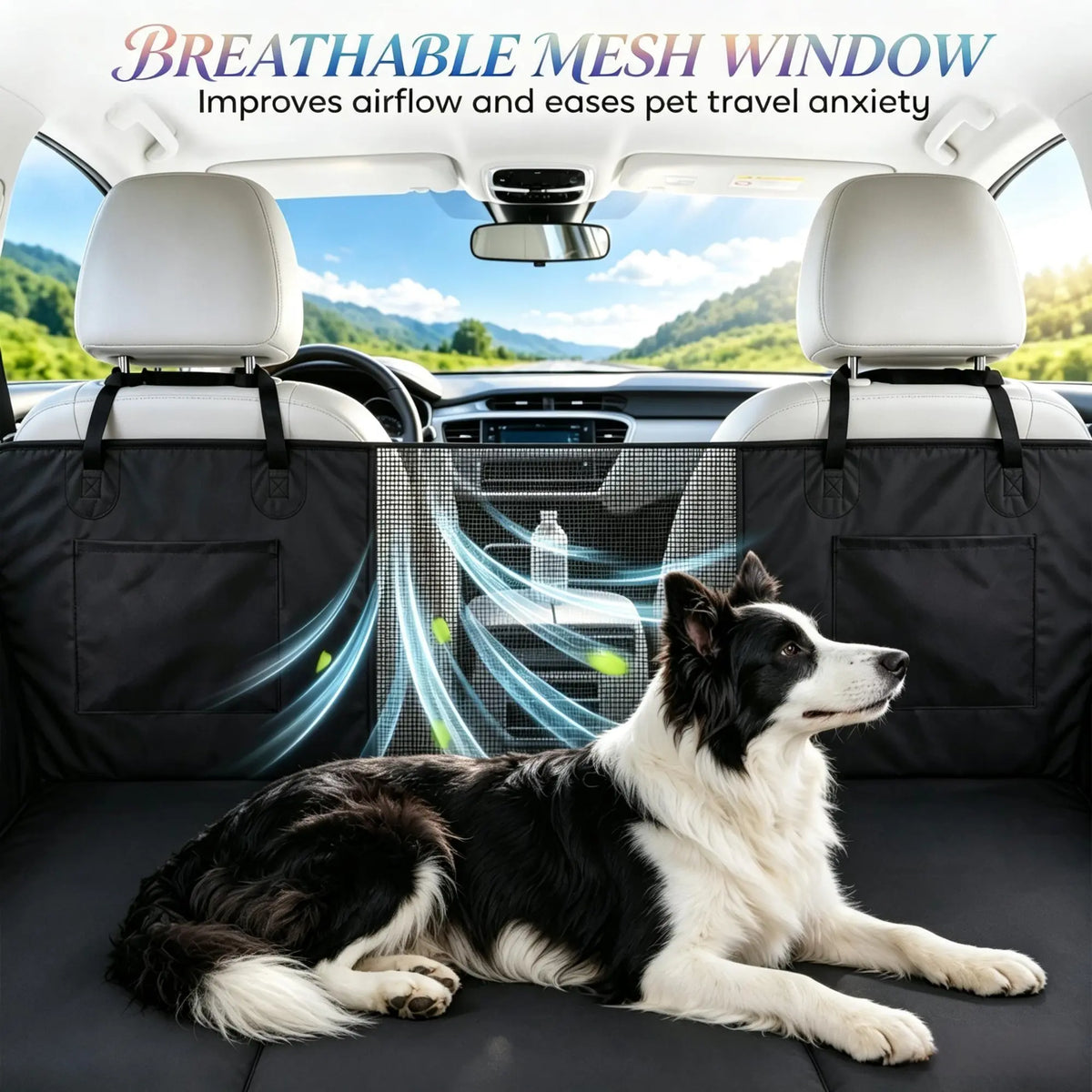Black waterproof dog car hammock with supportive hard bottom — usage example