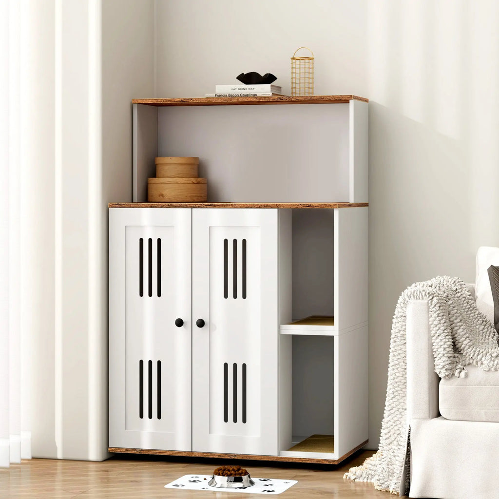 White and walnut double litter box enclosure for two cats — main product view