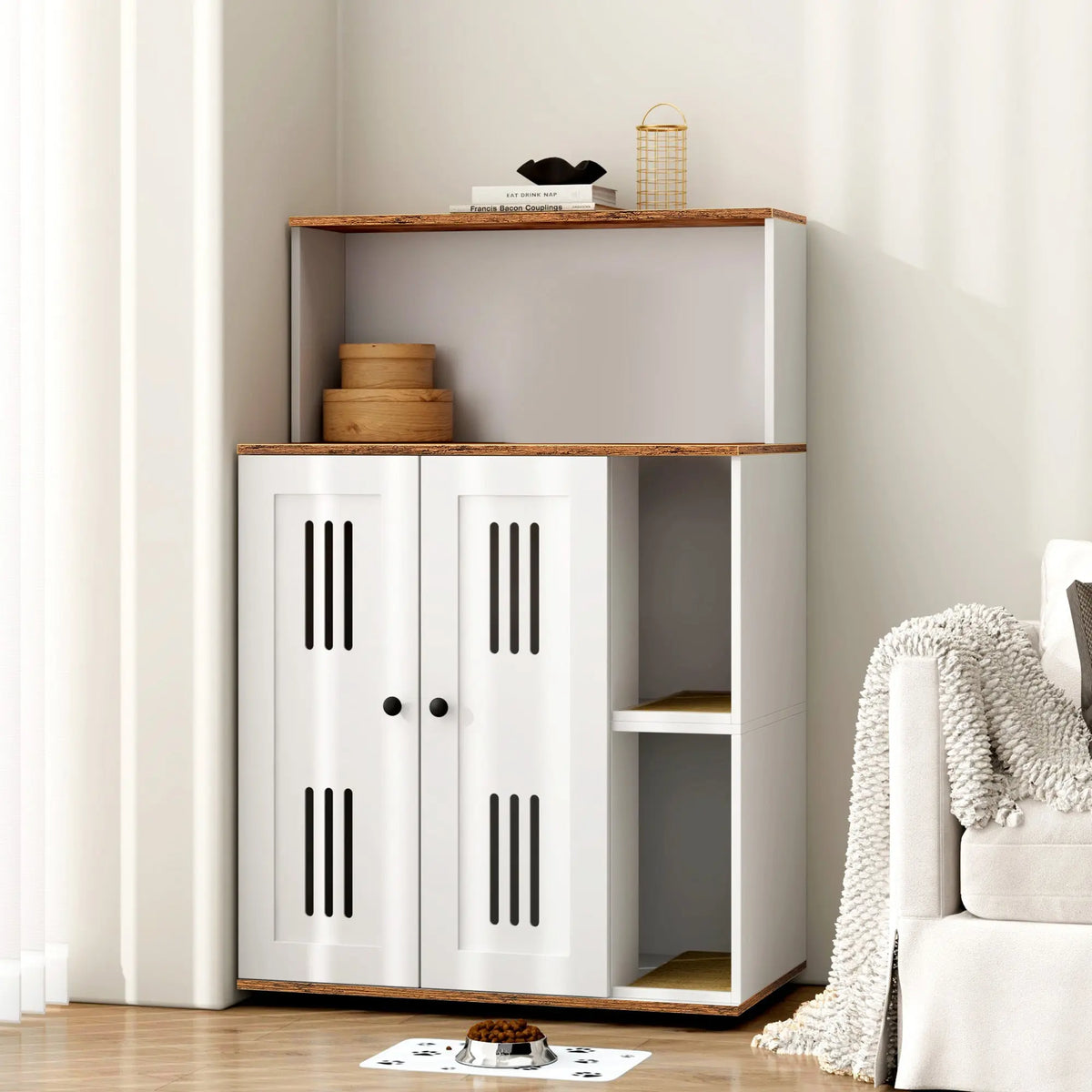White and walnut double litter box enclosure for two cats — main product view