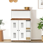 White and walnut double litter box enclosure for two cats — lifestyle view
