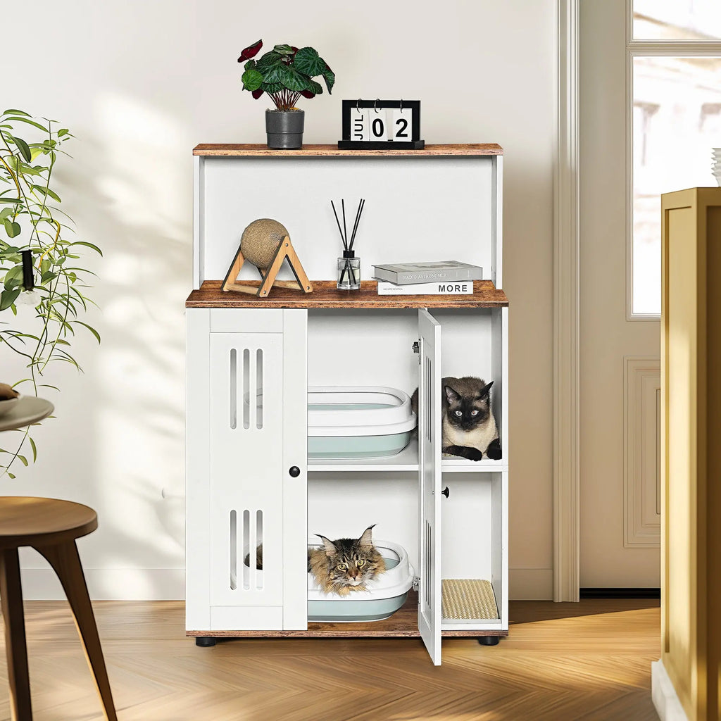 White and walnut double litter box enclosure for two cats — overall design