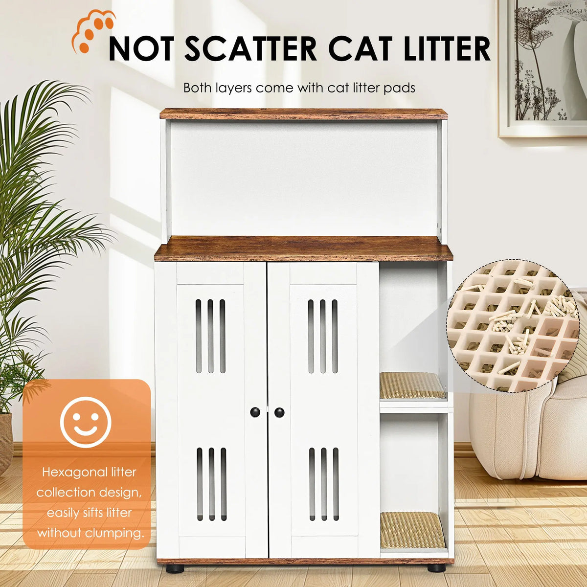 White and walnut double litter box enclosure for two cats — dimensions and fit