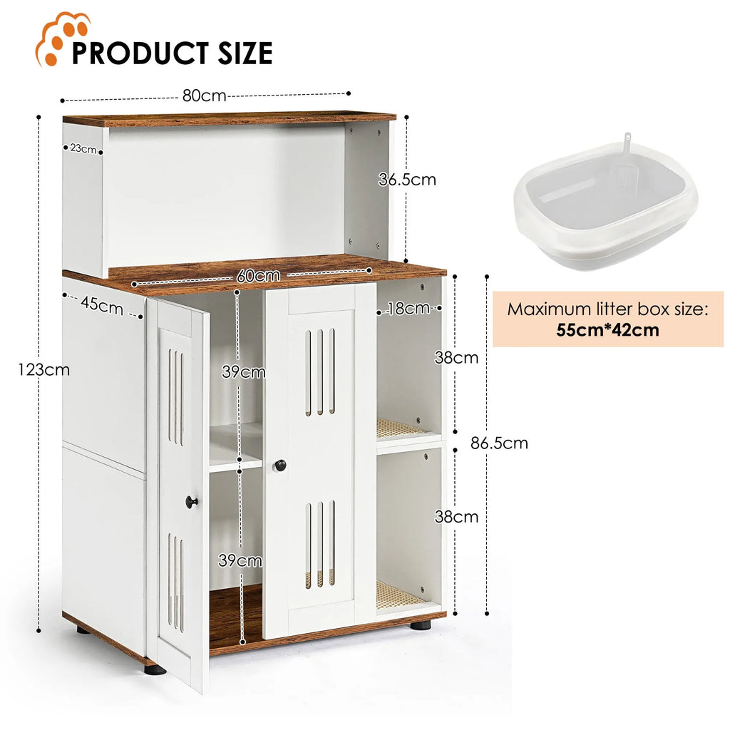 White and walnut double litter box enclosure for two cats — construction detail