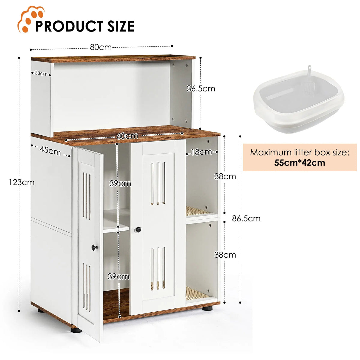 White and walnut double litter box enclosure for two cats — construction detail