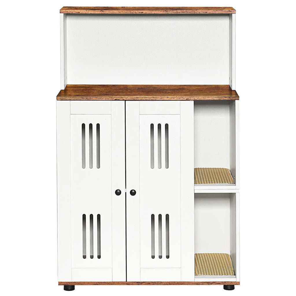 White and walnut double litter box enclosure for two cats — side view