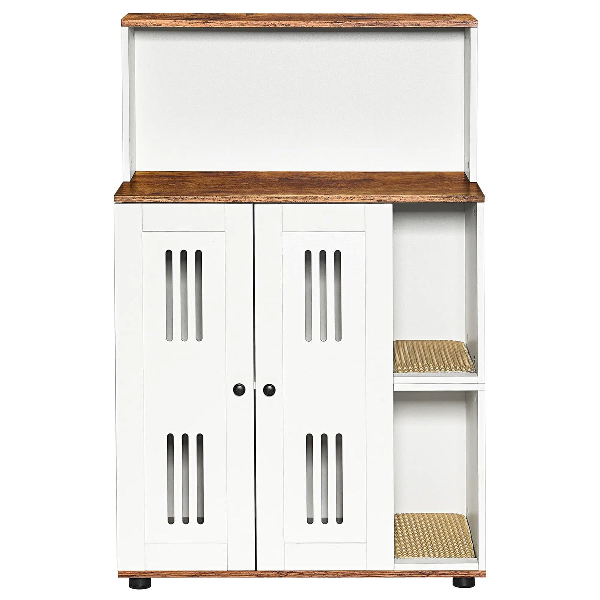 White and walnut double litter box enclosure for two cats — side view