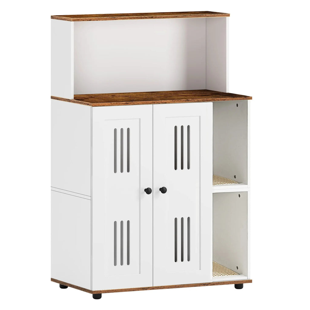 White and walnut double litter box enclosure for two cats — close-up detail