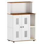 White and walnut double litter box enclosure for two cats — close-up detail