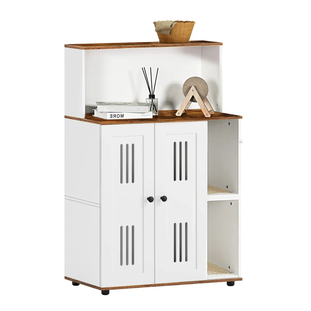 White and walnut double litter box enclosure for two cats — assembly detail