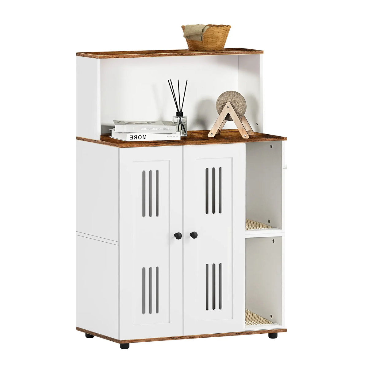 White and walnut double litter box enclosure for two cats — assembly detail