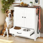 White and dark brown dog feeding station with storage and adjustable bowls — lifestyle view
