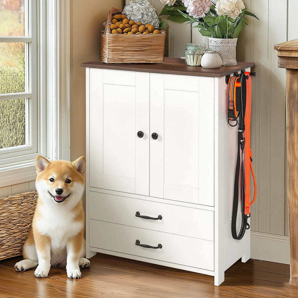 White and dark brown dog feeding station with storage and adjustable bowls — overall design