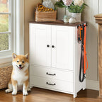 White and dark brown dog feeding station with storage and adjustable bowls — overall design