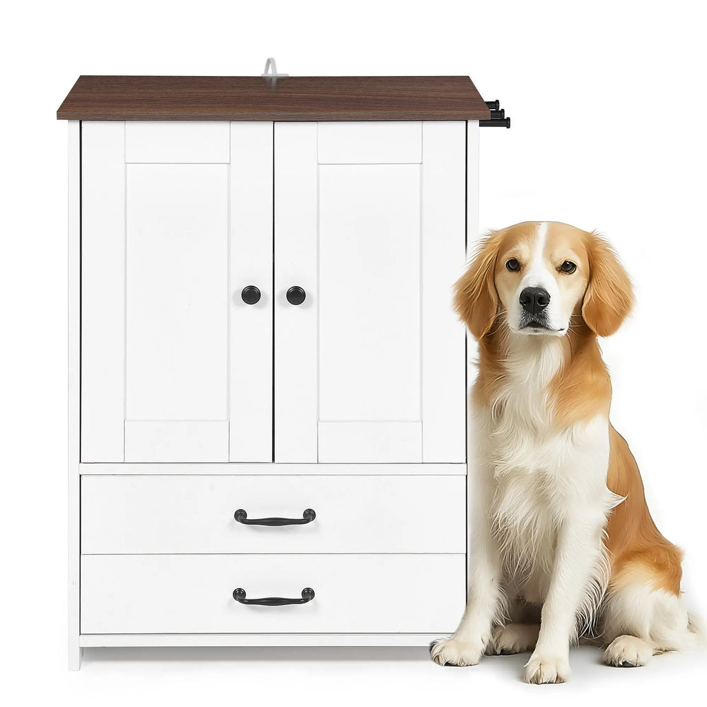 White and dark brown dog feeding station with storage and adjustable bowls — feature overview