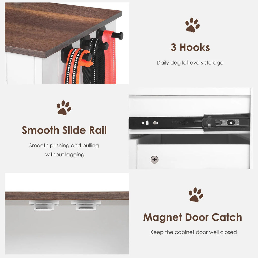 White and dark brown dog feeding station with storage and adjustable bowls — construction detail