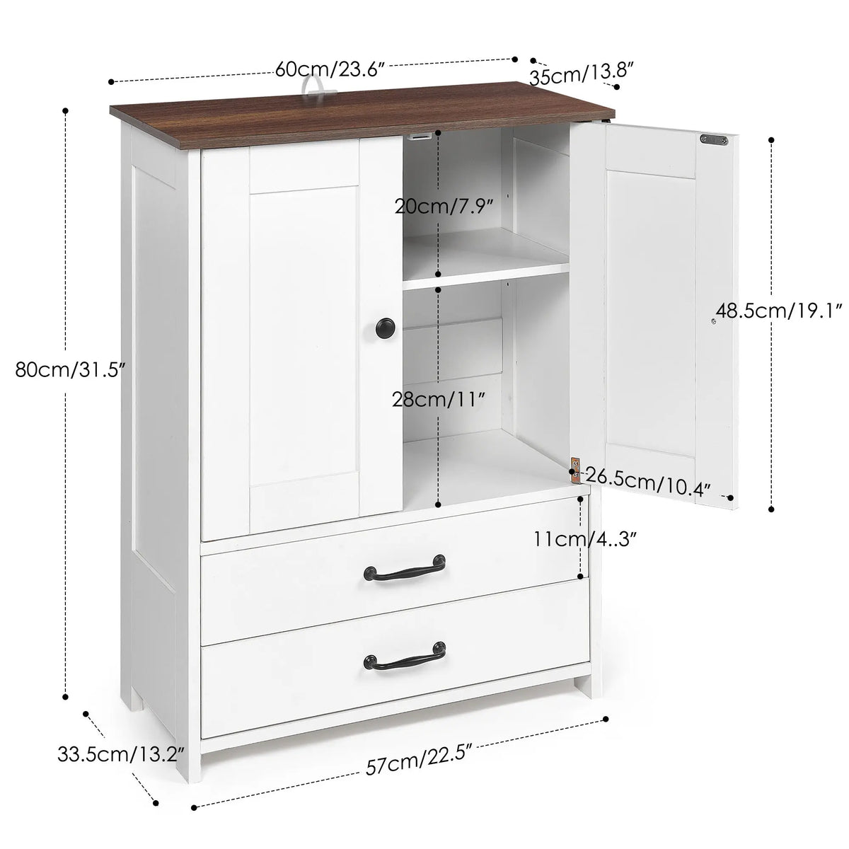 White and dark brown dog feeding station with storage and adjustable bowls — close-up detail