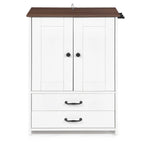 White and dark brown dog feeding station with storage and adjustable bowls — additional feature view