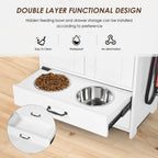 White and dark brown dog feeding station with storage and adjustable bowls — alternate angle