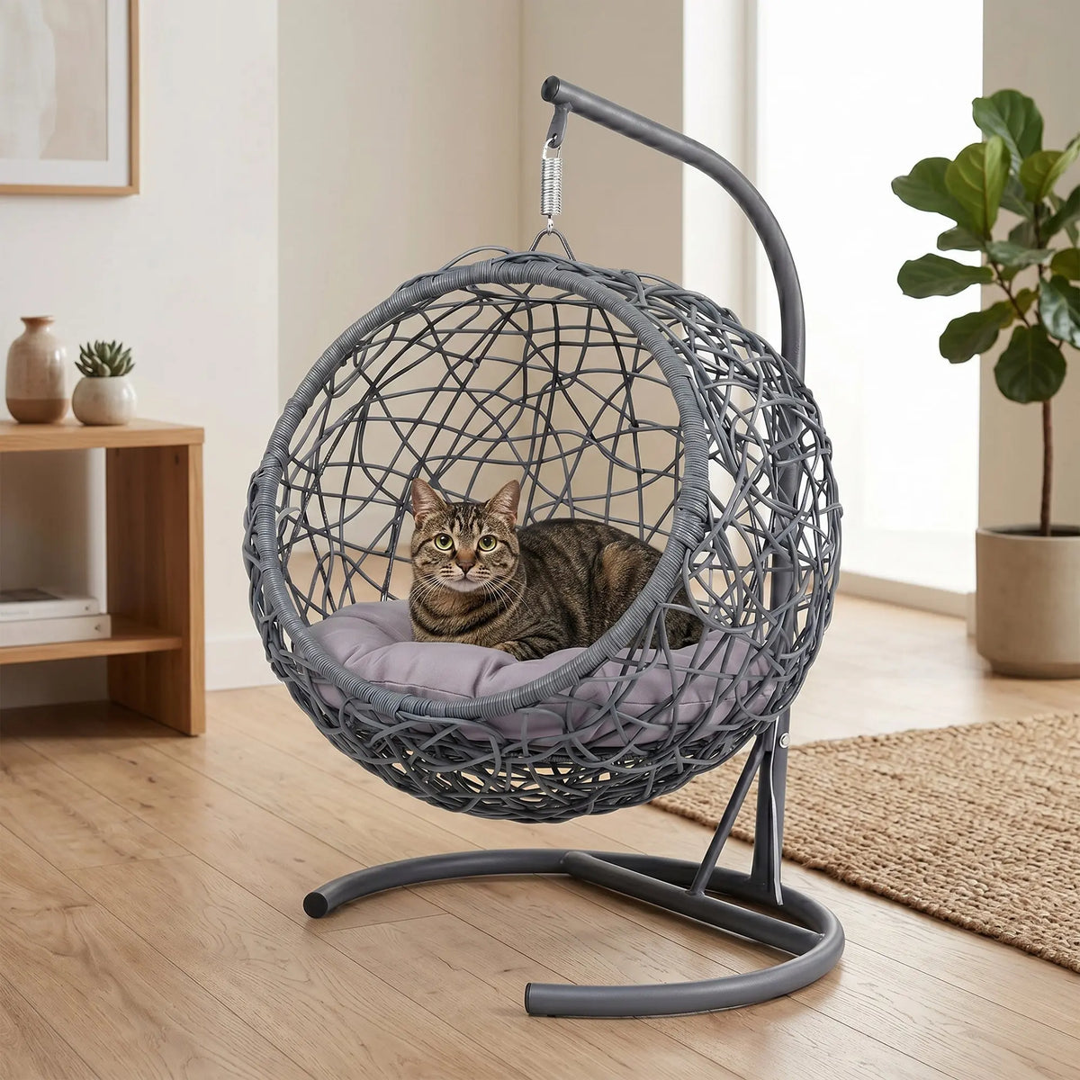 Gray rattan-style hanging cat swing bed with cushion and stand — main product view Main image
