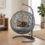 Gray rattan-style hanging cat swing bed with cushion and stand — main product view