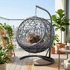 Gray rattan-style hanging cat swing bed with cushion and stand — overall design