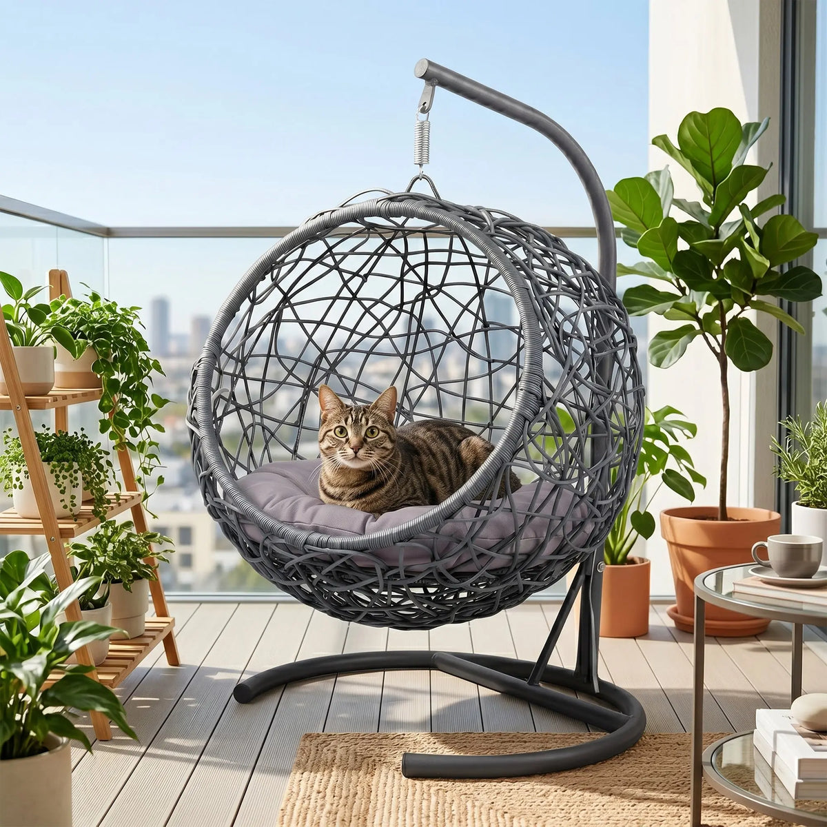 Gray rattan-style hanging cat swing bed with cushion and stand — overall design
