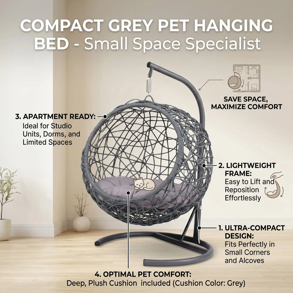 Gray rattan-style hanging cat swing bed with cushion and stand — dimensions and fit
