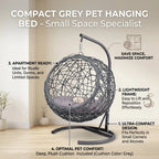Gray rattan-style hanging cat swing bed with cushion and stand — dimensions and fit