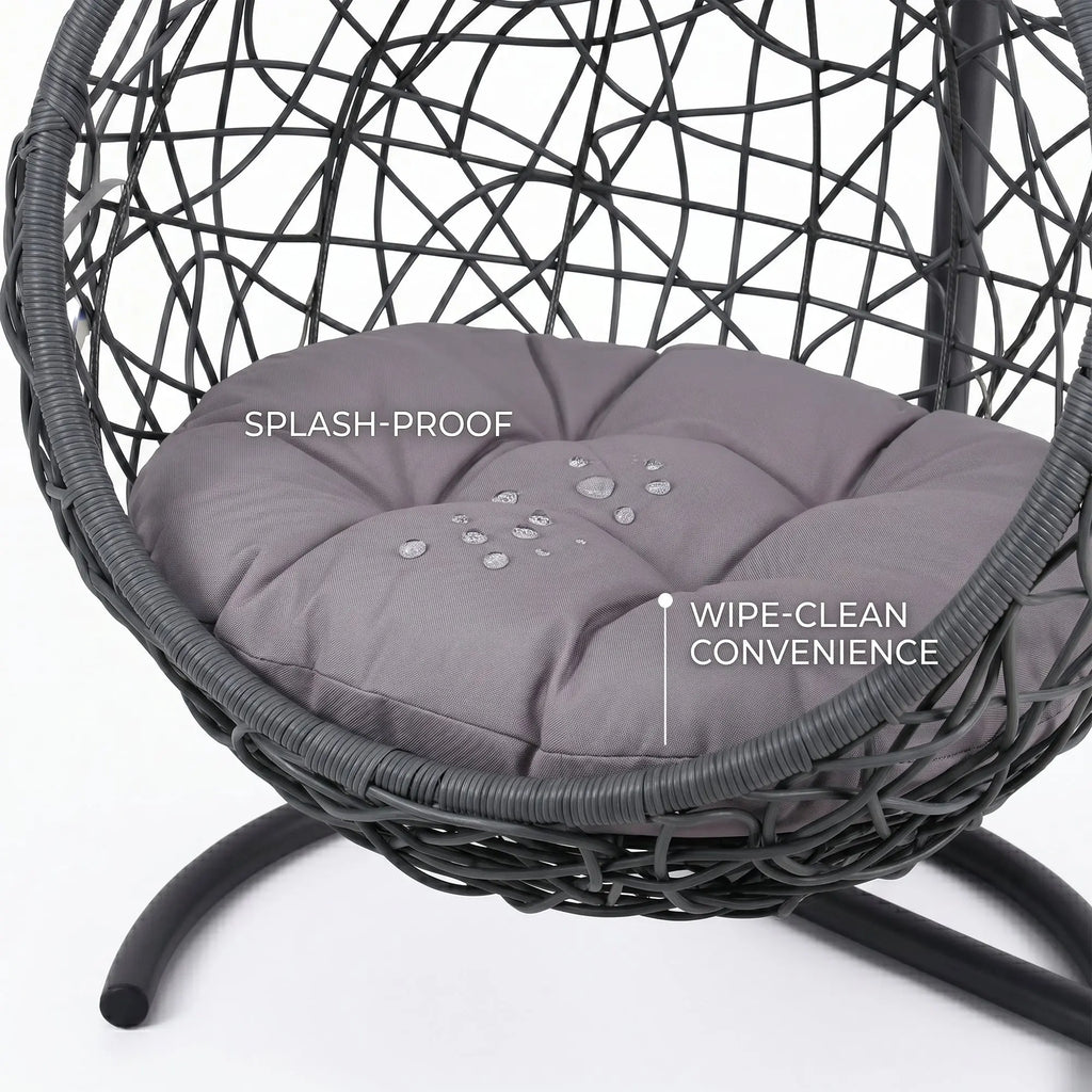 Gray rattan-style hanging cat swing bed with cushion and stand — feature overview