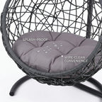 Gray rattan-style hanging cat swing bed with cushion and stand — feature overview