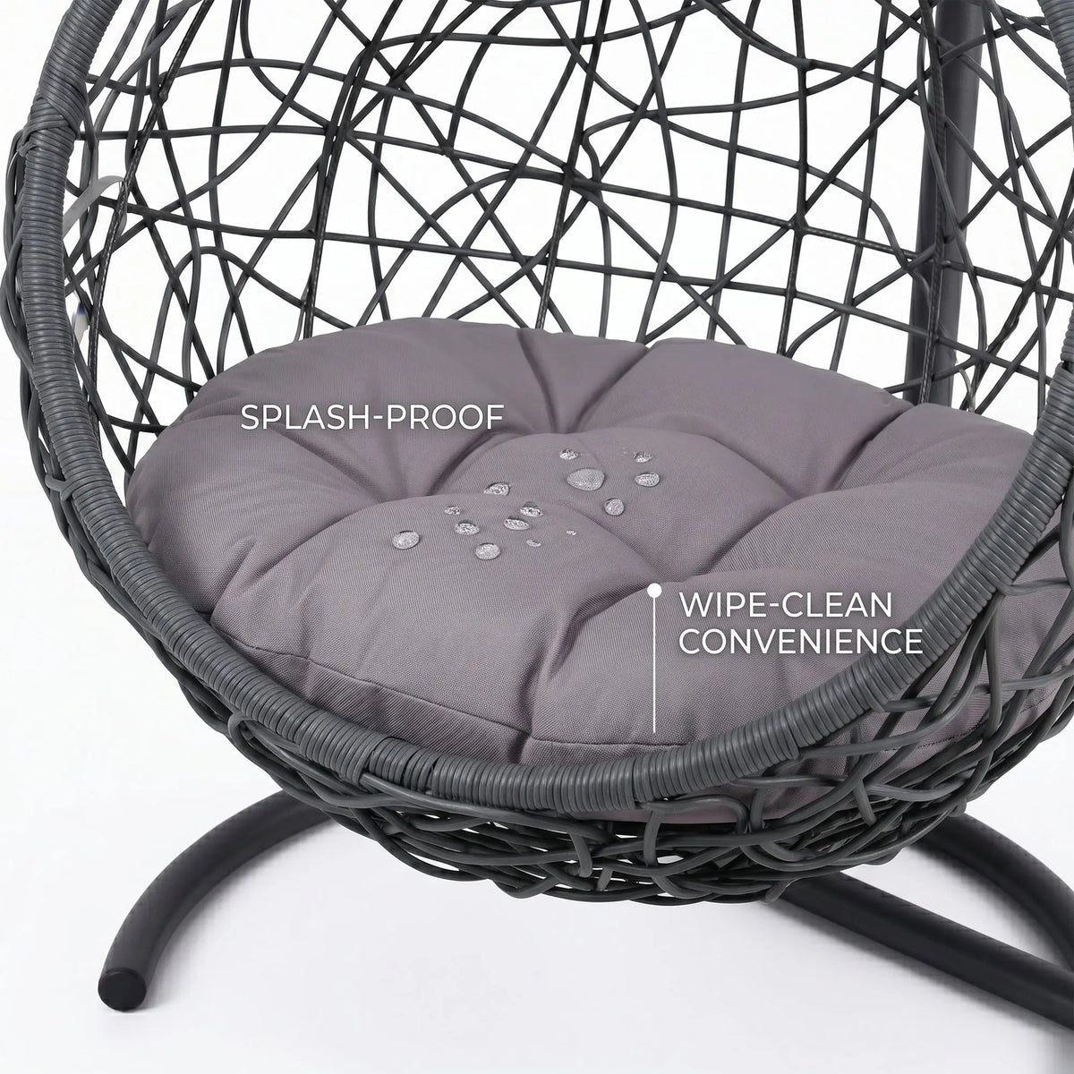 Gray rattan-style hanging cat swing bed with cushion and stand — feature overview