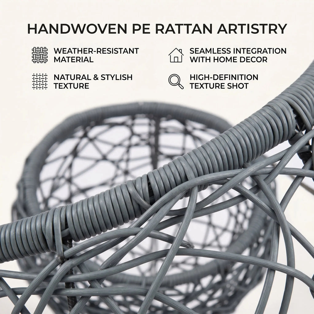 Gray rattan-style hanging cat swing bed with cushion and stand — construction detail