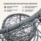Gray rattan-style hanging cat swing bed with cushion and stand — construction detail