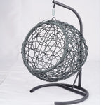Gray rattan-style hanging cat swing bed with cushion and stand — side view