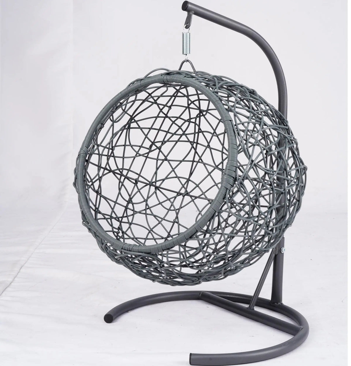 Gray rattan-style hanging cat swing bed with cushion and stand — side view