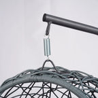 Gray rattan-style hanging cat swing bed with cushion and stand — close-up detail