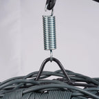 Gray rattan-style hanging cat swing bed with cushion and stand — assembly detail