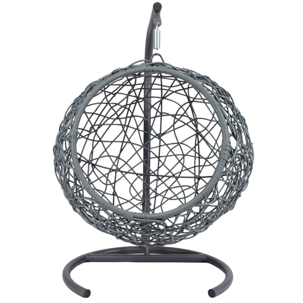 Gray rattan-style hanging cat swing bed with cushion and stand — care and use view