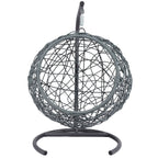 Gray rattan-style hanging cat swing bed with cushion and stand — care and use view