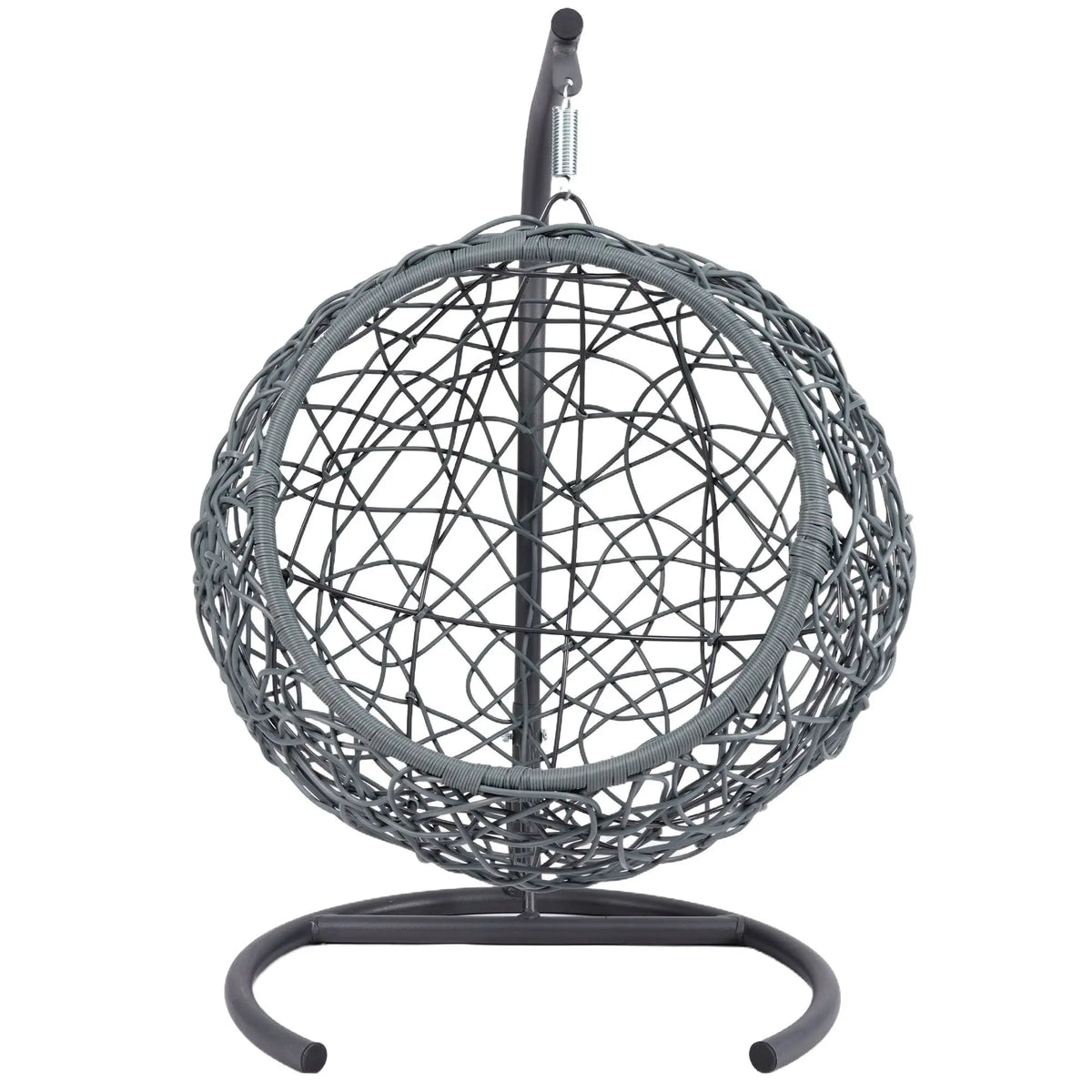 Gray rattan-style hanging cat swing bed with cushion and stand — care and use view