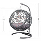 Gray rattan-style hanging cat swing bed with cushion and stand — complete product view