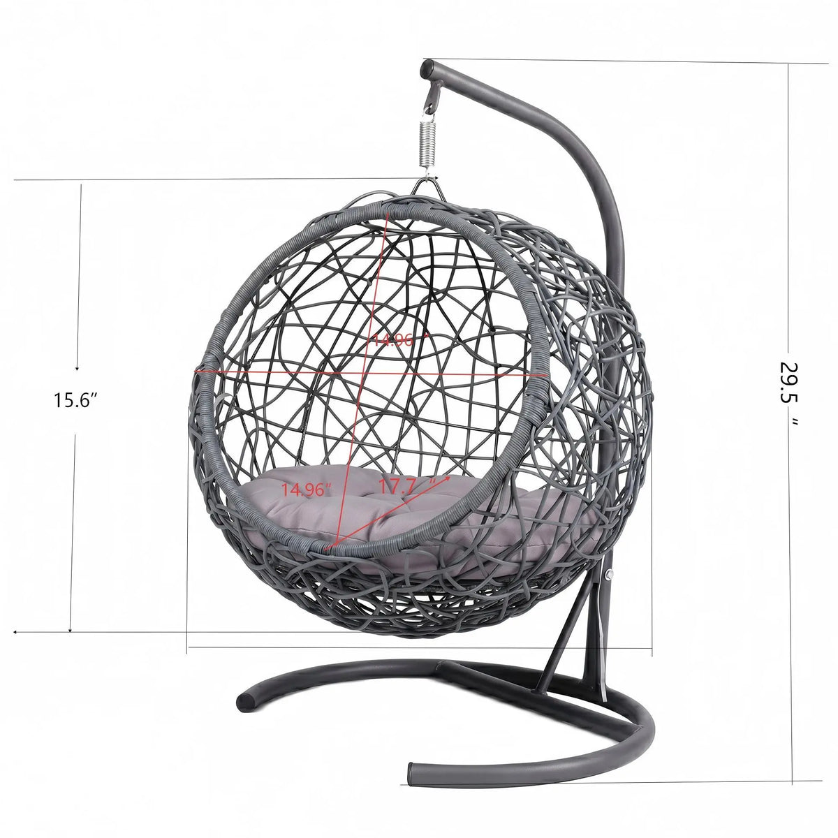 Gray rattan-style hanging cat swing bed with cushion and stand — complete product view