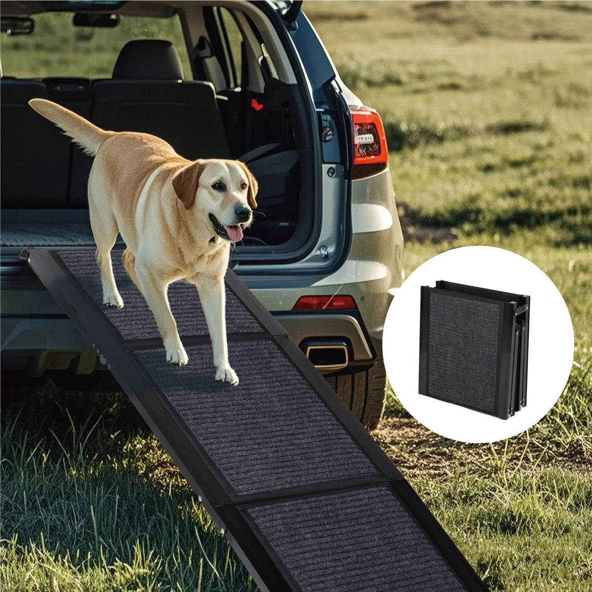 Black 65-inch folding aluminum dog car ramp with non-slip surface — main product view Main image