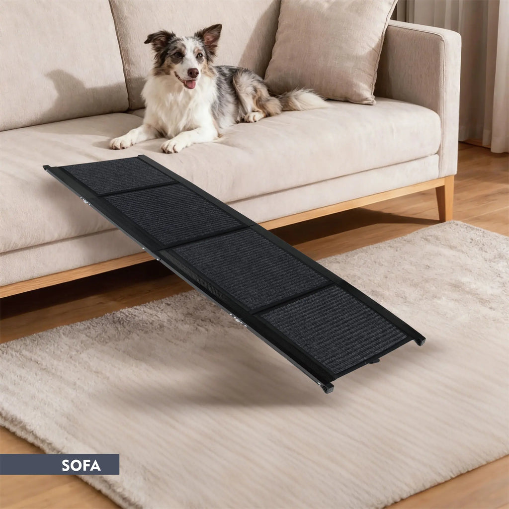 Black 65-inch folding aluminum dog car ramp with non-slip surface — overall design