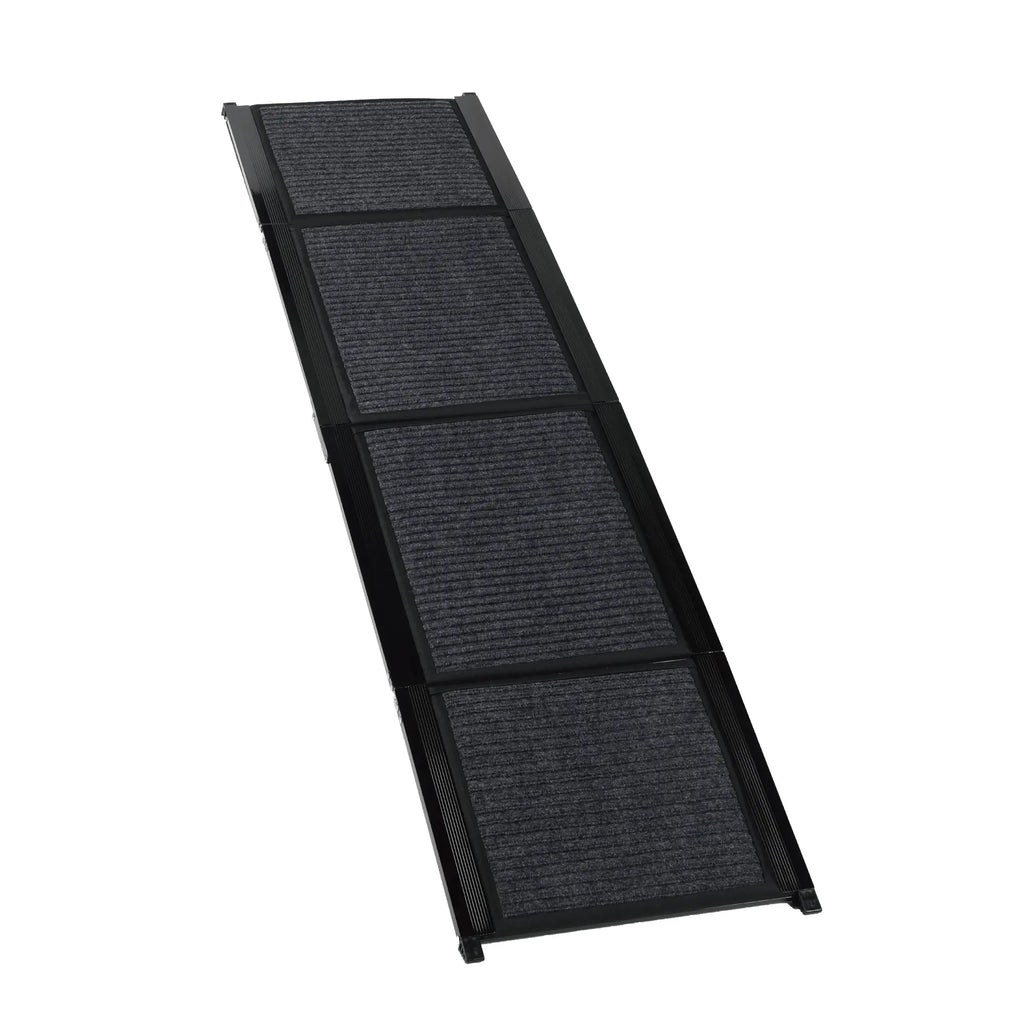 Black 65-inch folding aluminum dog car ramp with non-slip surface — lifestyle view