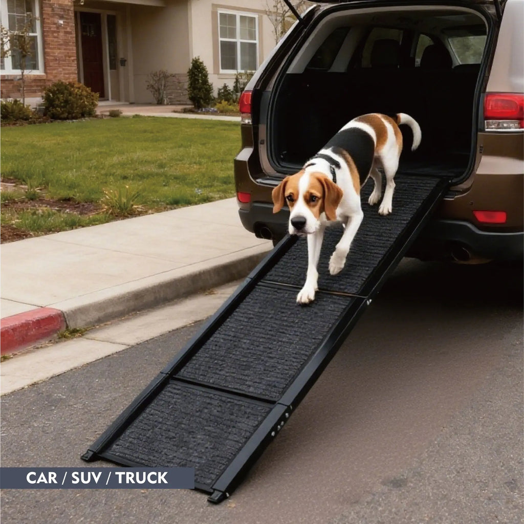 Black 65-inch folding aluminum dog car ramp with non-slip surface — feature overview