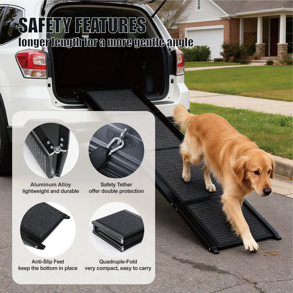 Black 65-inch folding aluminum dog car ramp with non-slip surface — material detail