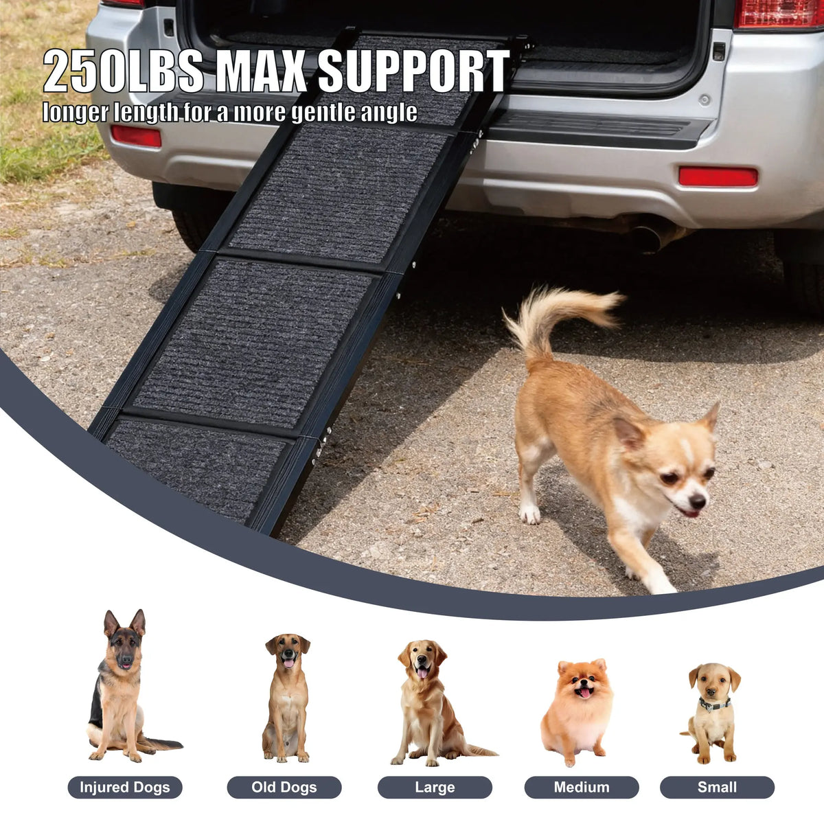 Black 65-inch folding aluminum dog car ramp with non-slip surface — construction detail